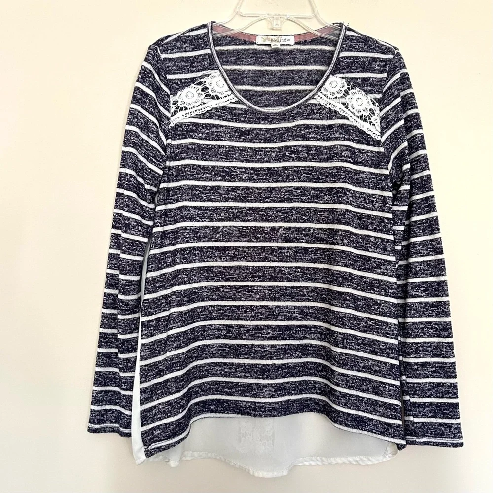 Rewind Women’s Navy & White Striped Lace Accent Crochet Long Sleeve Top